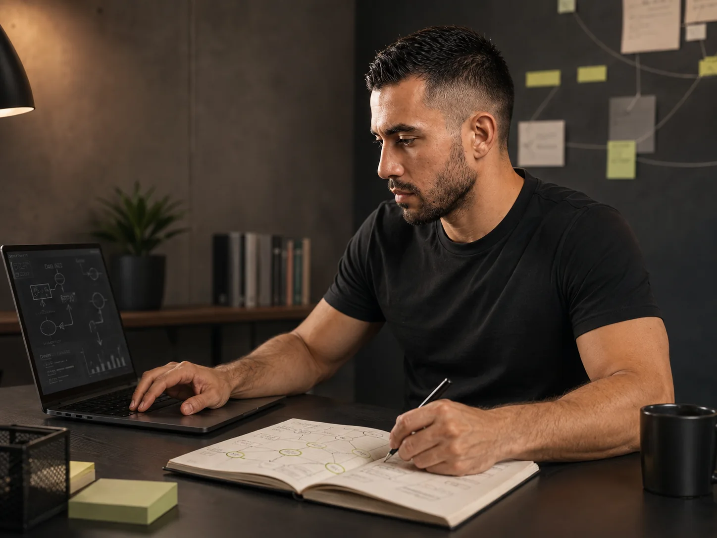Fellipe Saraiva analisando oportunidades em uma mesa de trabalho